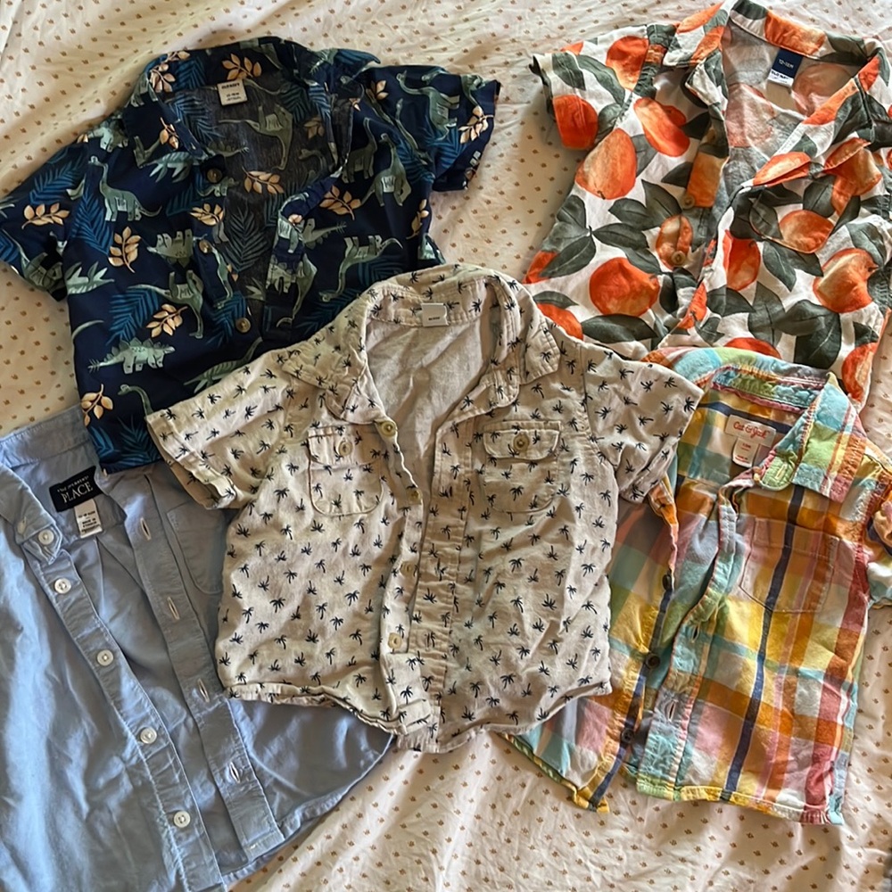 Lot of Toddler Button Down Printed Shirts orange plaid dinosaurs palm trees